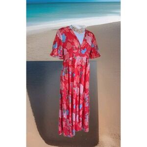 Women's Maxi Dress L Coral Button Front Floral Design Plunging Neckline Beachy